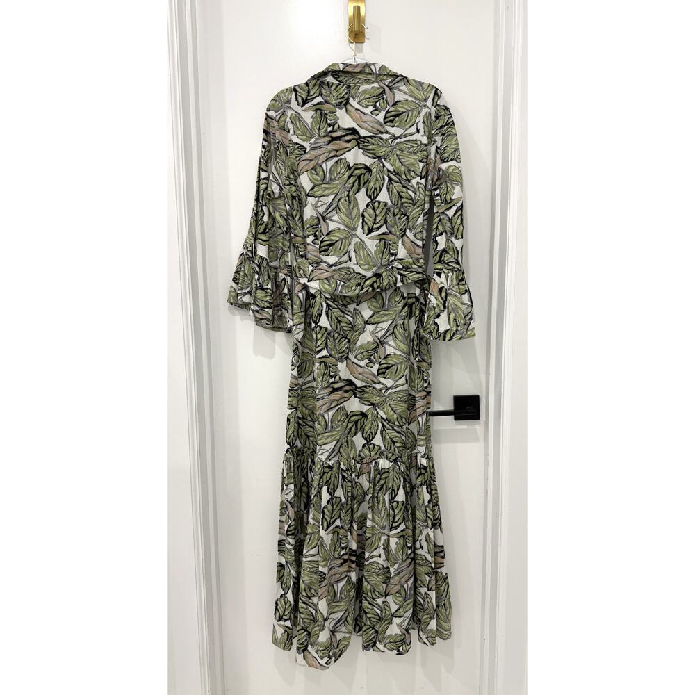 Isabel Riera leaf-print maxi dress Sz M button-down front bell sleeves MSRP$450 - Picture 5 of 11